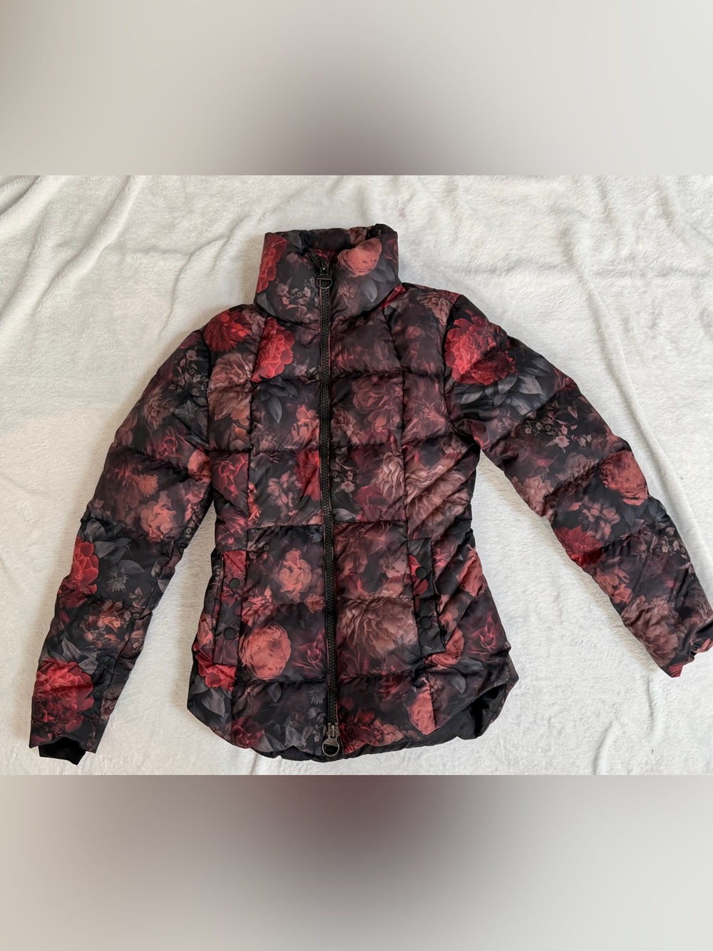 Athleta Downtown Floral Down Puffer Jacket XXS Velvety Pink Black